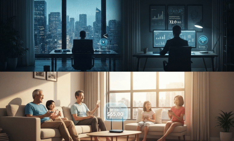 Split image showing a person working in a futuristic office and a family relaxing at home.