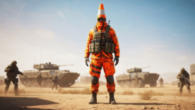 Soldier in orange tactical gear with a traffic cone on their head, standing in a desert with armored vehicles.