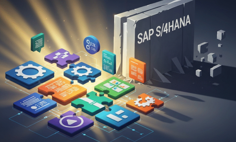 Abstract representation of SAP S/4HANA with puzzle pieces and icons.