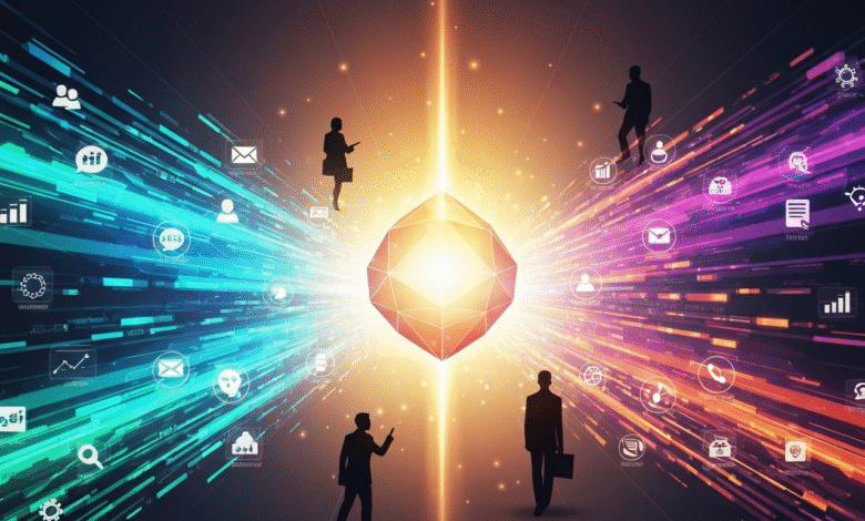 Silhouettes of business people interacting with digital data streams and icons around a glowing geometric shape.