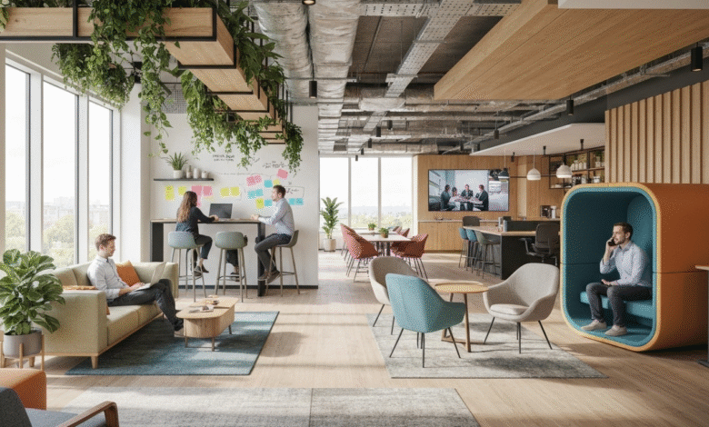 Modern office space with collaborative areas, plants, and natural light.