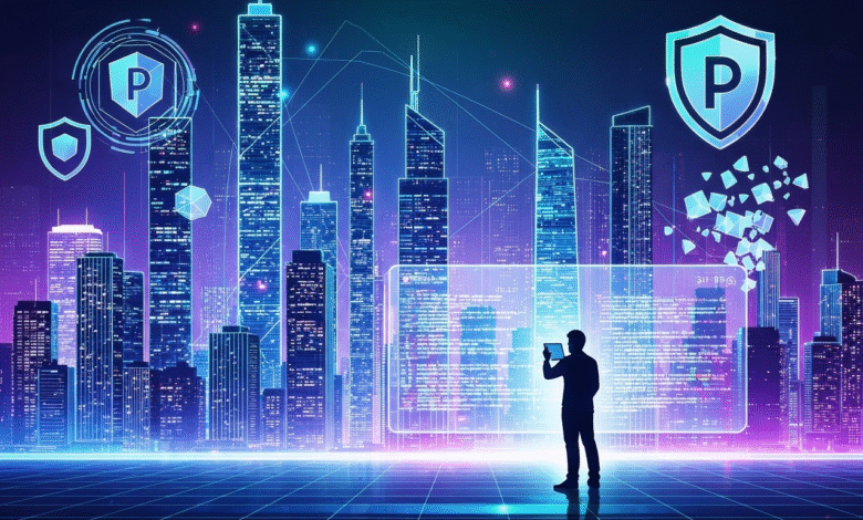 Silhouette of a person holding a tablet in a futuristic city with glowing skyscrapers and digital interfaces.