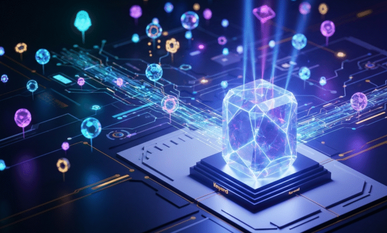 Glowing crystalline cube on a futuristic circuit board with digital data streams.