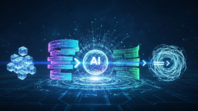 Abstract visualization of Artificial Intelligence processing data, with glowing cubes and digital streams.