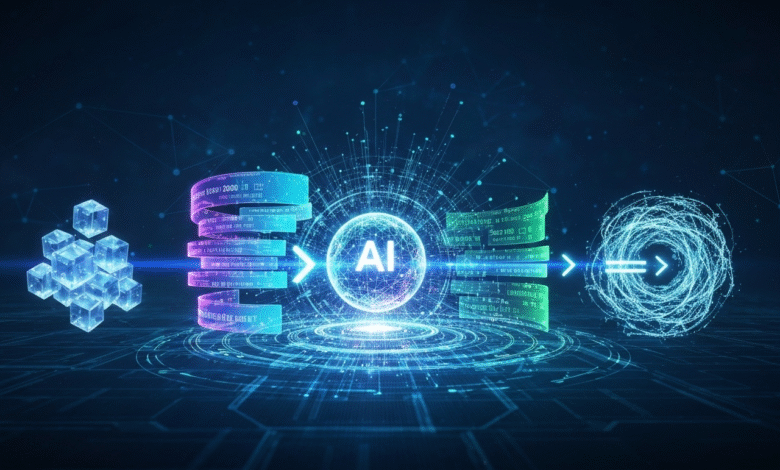 Abstract visualization of Artificial Intelligence processing data, with glowing cubes and digital streams.