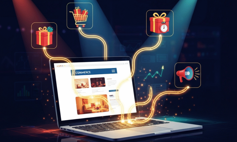 Laptop displaying an e-commerce website with icons for shopping cart, gifts, and megaphone.