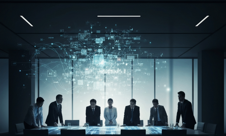 Business professionals gathered around a table with an AI data visualization.