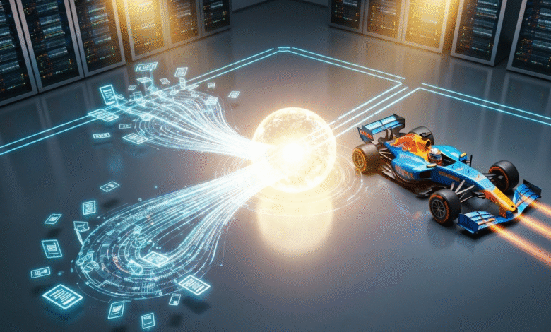 Formula 1 race car in a server room with glowing data streams.
