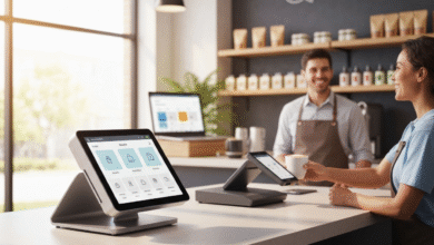 A modern point-of-sale system with a touchscreen display in a cafe setting.