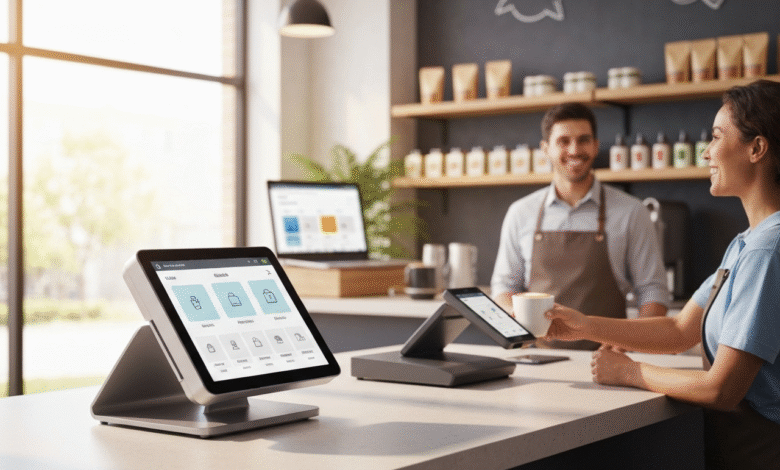 A modern point-of-sale system with a touchscreen display in a cafe setting.