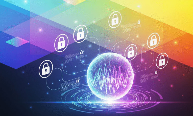 Abstract digital sphere with glowing lines and lock icons, representing cybersecurity and data protection.