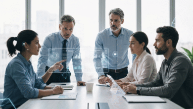 Business professionals collaborating around a table with holographic data displays.