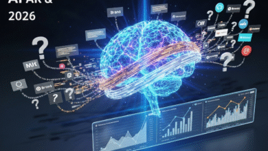 Glowing blue brain with data streams and logos, representing AI and AR in 2026.