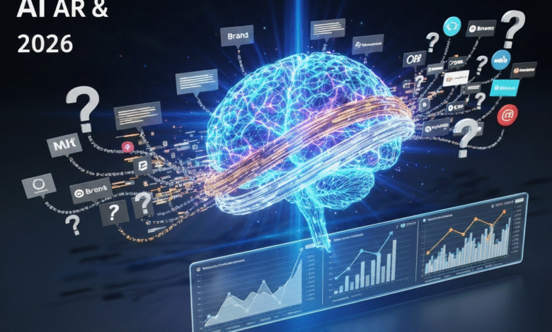 Glowing blue brain with data streams and logos, representing AI and AR in 2026.
