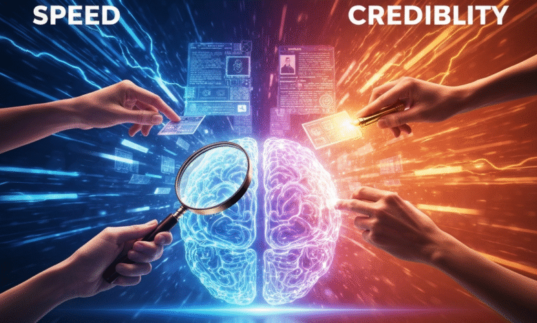 Hands interacting with glowing digital interfaces representing speed and credibility around a luminous brain.