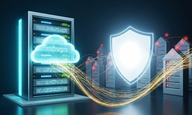 A server rack with a glowing cloud icon and data streams, protected by a shield.