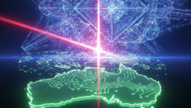 Digital map of Australia with glowing circuit board patterns, overlaid by a complex geometric network.