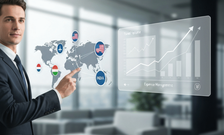 Man in suit points to a holographic world map with country flags and financial data.