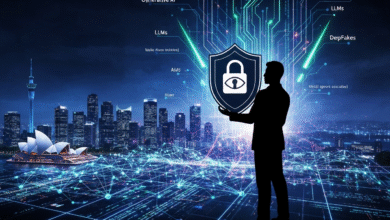 Silhouette of a man holding a shield with a lock and eye symbol, against a futuristic cityscape and digital network.