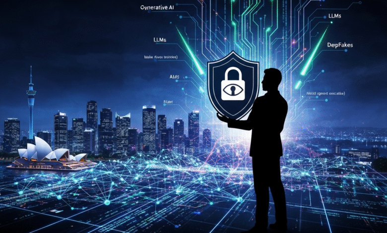 Silhouette of a man holding a shield with a lock and eye symbol, against a futuristic cityscape and digital network.