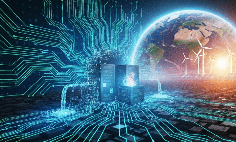 Digital circuit board with glowing blue lines connecting to servers and the Earth.