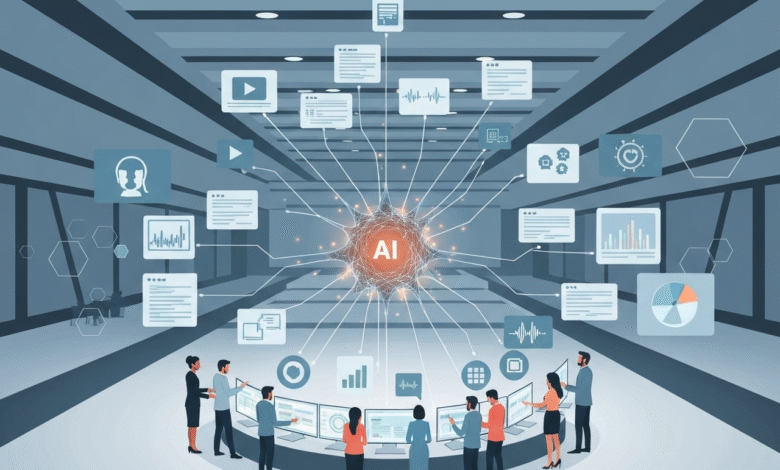 Team collaborating around AI data visualization screens in a modern control room.