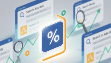 3D illustration of a percentage symbol with graphs and search interfaces.