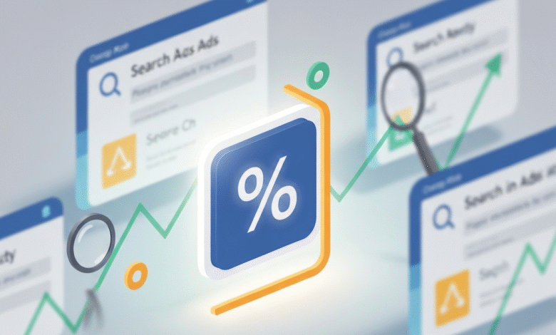 3D illustration of a percentage symbol with graphs and search interfaces.