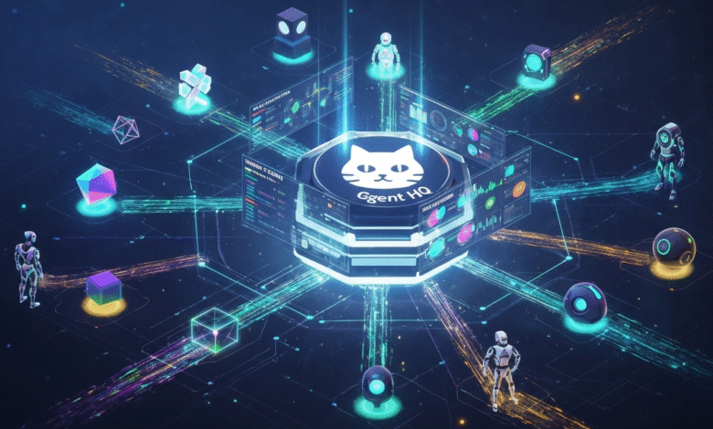 Futuristic digital network with robots and glowing geometric shapes.