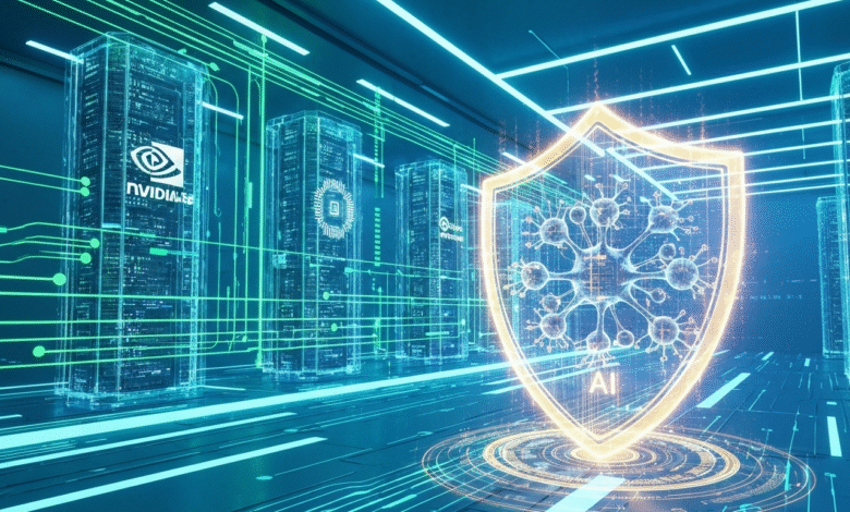 Glowing shield with AI and virus graphic in a futuristic server room.