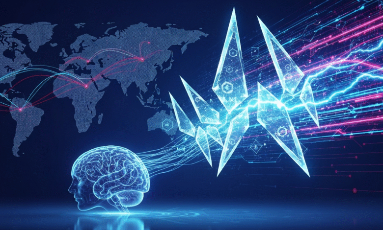 Digital brain connected to abstract geometric shapes and a world map with glowing lines.