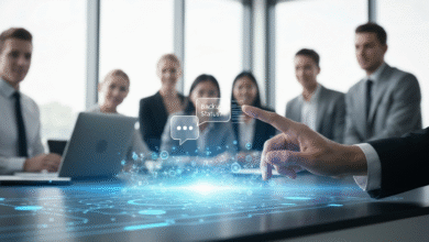 A hand points to a holographic display showing a chat bubble with 'Backup Status?' during a business meeting.