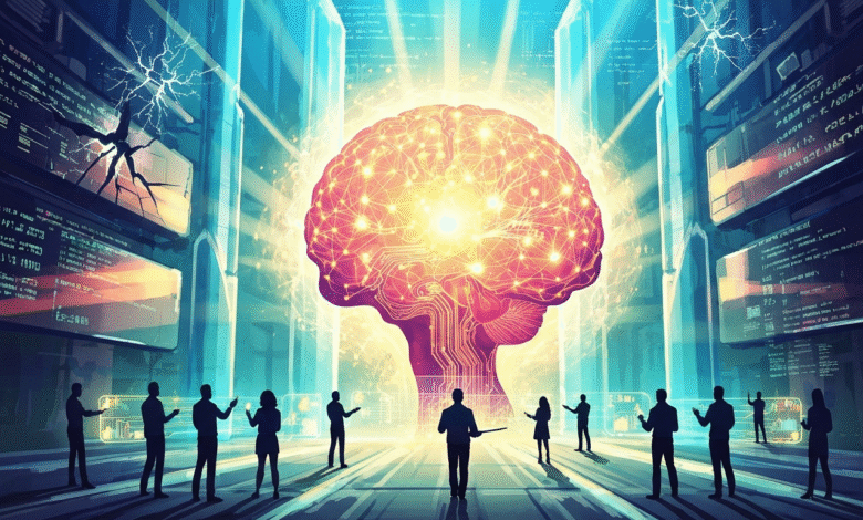 Silhouettes of people observing a glowing, interconnected brain symbolizing AI.