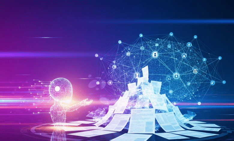 Wireframe robot with glowing circuits interacting with a digital network and scattered documents.