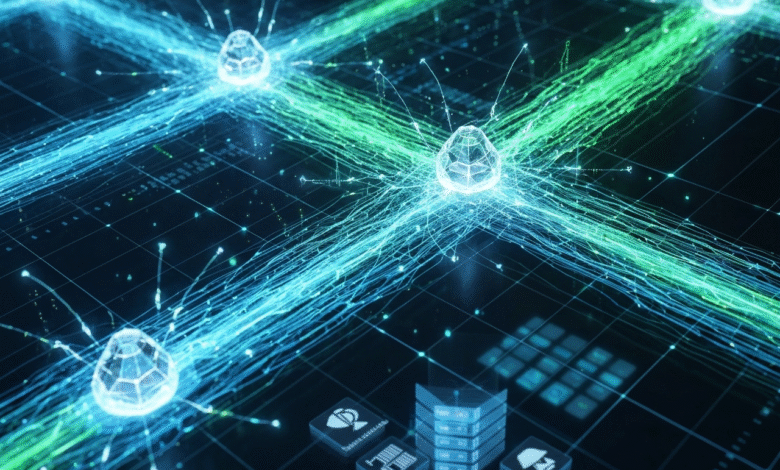 Abstract digital network with glowing nodes and data streams in blue and green.