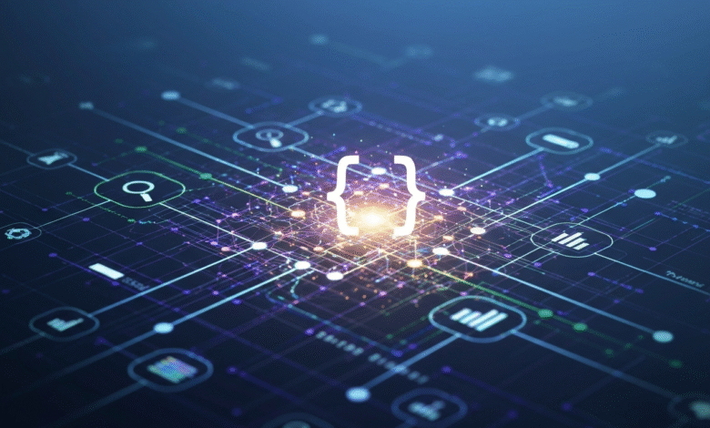 Abstract digital network with glowing curly braces at the center.
