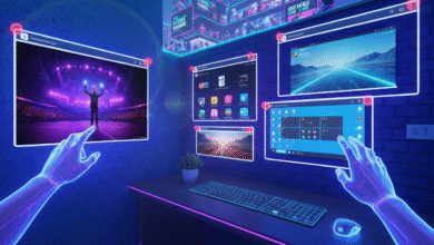 Futuristic holographic interface with glowing hands interacting with screens displaying a concert, apps, and landscapes.