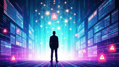 Silhouette of a man in a suit facing a digital network with warning symbols.