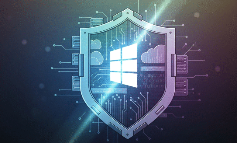 Digital shield with Windows logo and circuit board elements, representing cybersecurity.