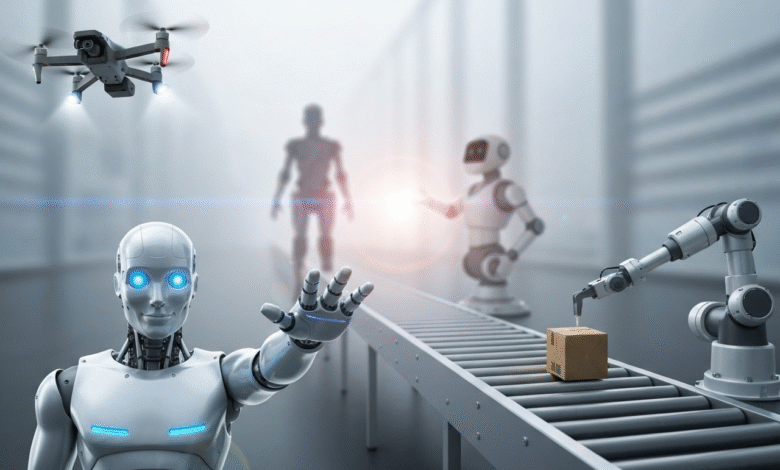 Humanoid robot with glowing blue eyes extends its hand in a futuristic factory setting with drones and conveyor belts.