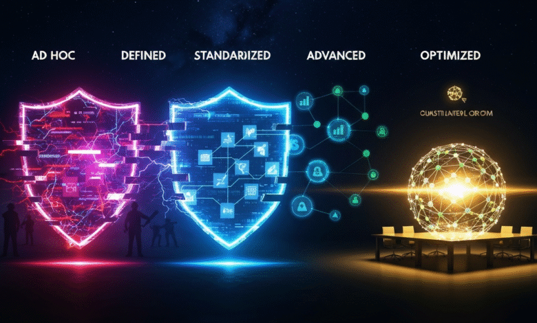 Digital shields representing security levels from Ad Hoc to Optimized, with a glowing globe over a conference table.