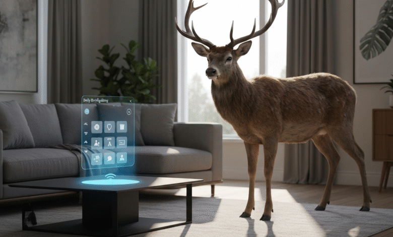 A majestic deer stands in a modern living room next to a holographic interface displaying icons.