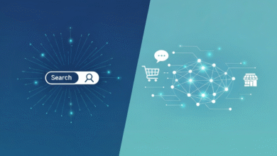 Digital illustration showing a search bar on the left and e-commerce icons on the right, connected by a network.