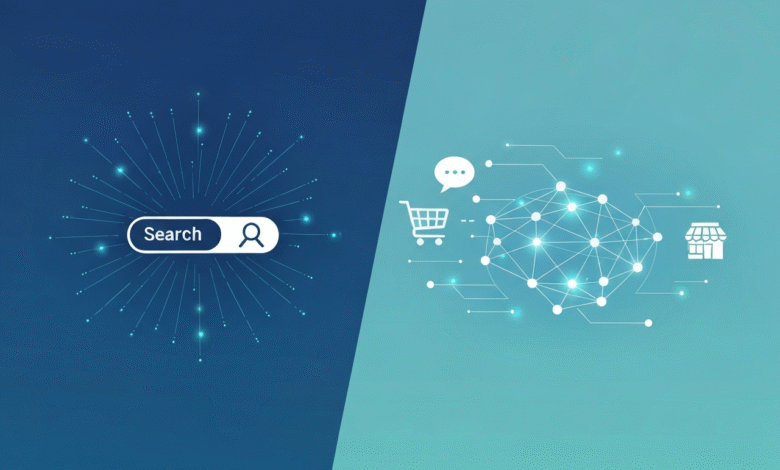 Digital illustration showing a search bar on the left and e-commerce icons on the right, connected by a network.