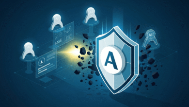 Abstract illustration of AI security with a shield and data visualizations.