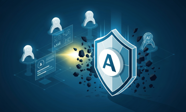 Abstract illustration of AI security with a shield and data visualizations.