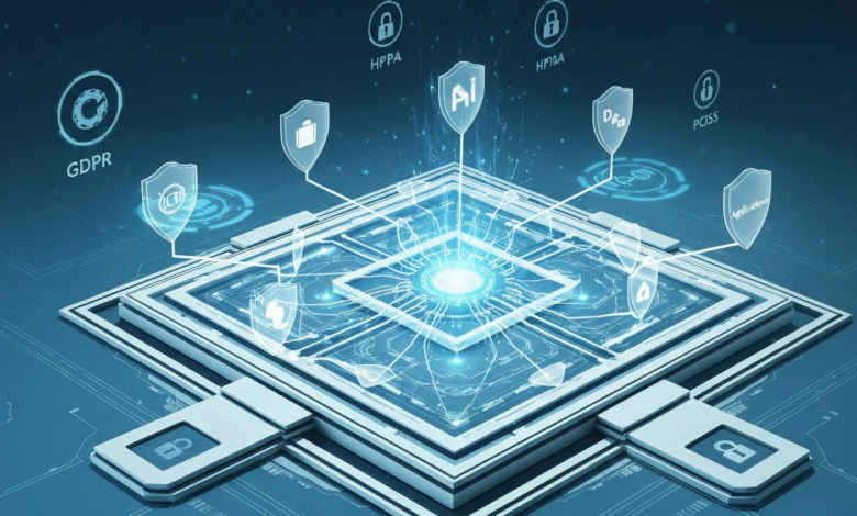 Abstract digital representation of data security and AI integration with glowing circuits and icons.