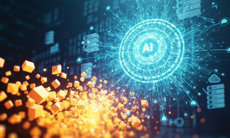 Abstract visualization of Artificial Intelligence with glowing blue circuits and data cubes.