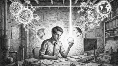 A man in a shirt and tie studies glowing scientific diagrams and globes in a cluttered study.