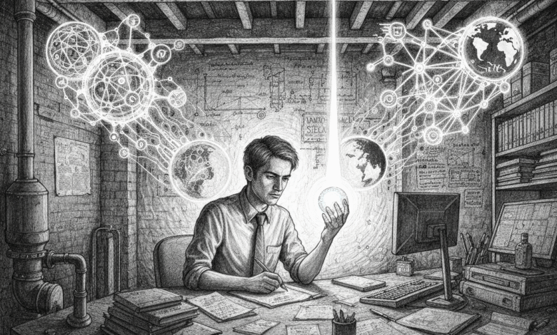 A man in a shirt and tie studies glowing scientific diagrams and globes in a cluttered study.